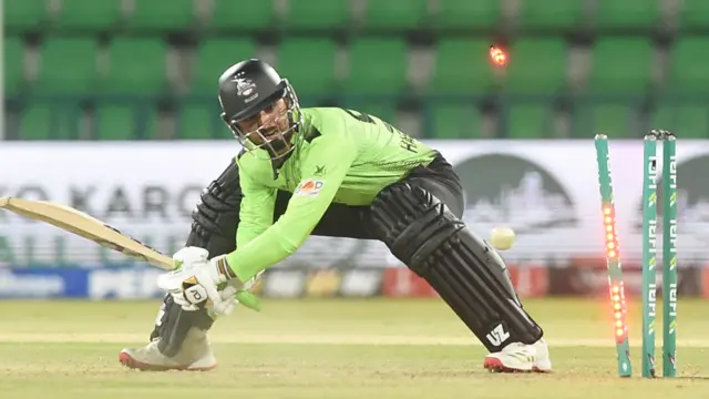 Haseebullah Khan reacts after being bowled 