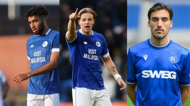 Kion Etete (left), Jesper Daland (middle) playing for Cardiff City during the 2024/25 season and Roko Simic (right) playing for Karlsruher SC on-loan from Cardiff City this season.
