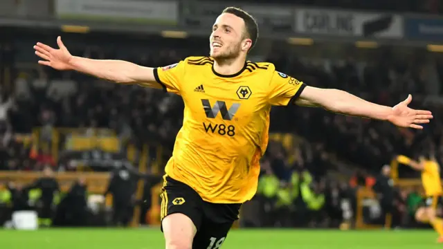 Diogo Jota celebrates a goal for Wolves in 2019