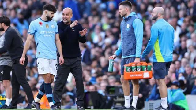 Pep Guardiola manager of Manchester City instructs Josko Gvardiol of Manchester City during the Premier League match between Manchester City FC and Southampton FC at Etihad Stadium