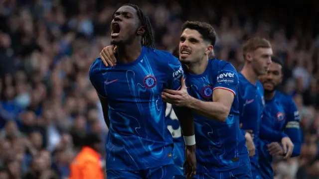 Romeo Lavia celebrates Chelsea's second goal against Newcastle in October