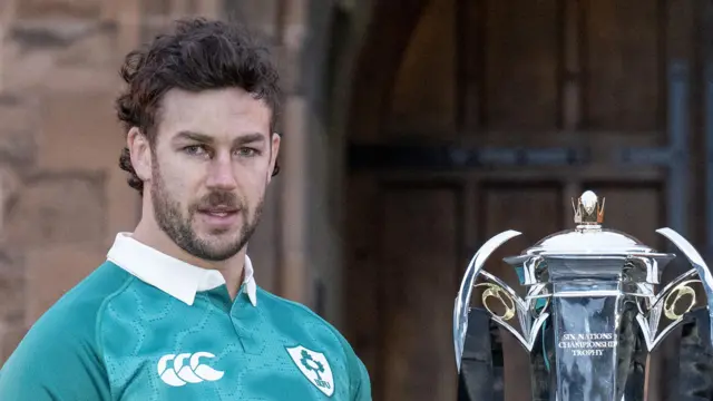 Ireland captain Caelan Doris pictured with the Six Nations trophy at the tournament launch in Edinburgh