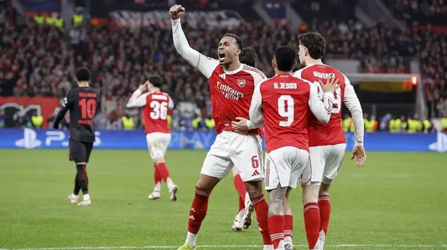 Gabriel of Arsenal FC, Gabriel Jesus of Arsenal FC, and Kai Havertz of Arsenal FC celebrate