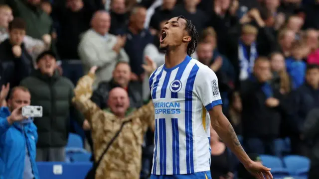 Joao Pedro of Brighton & Hove Albion celebrates scoring his team's second goal during the Premier League match between Brighton & Hove Albion FC and Manchester United FC at Amex Stadium