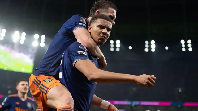 Newcastle players celebrate their opening goal