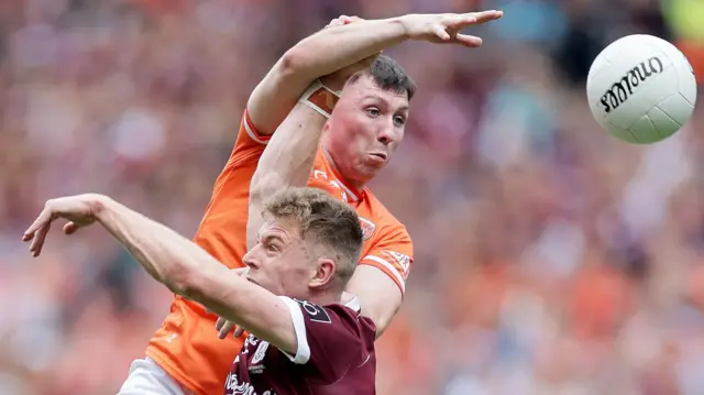 Armagh's Oisin Conaty and Galway's Dylan McHugh fight out an aerial duel in last July's All-Ireland Football Final