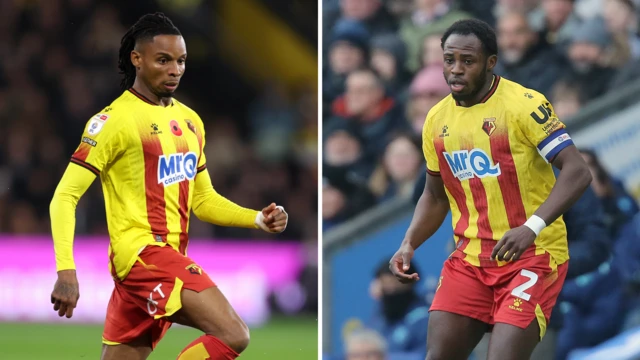 Side-by-side photos of Jeremy Petris and Jeremy Ngakia playing for Watford in their yellow and red striped home kit
