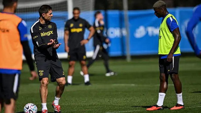 Xabi Alonso and Moises Caicedo of Chelsea during a training session