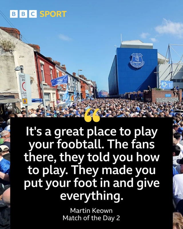 Martin Keown quote on a graphic of Goodison Park reads: "It's a great place to play your foobtall. The fans there, they told you how to play. They made you put your foot in and give everything."