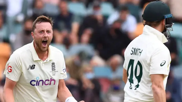 Ollie Robinson celebrates wicket of Steve Smith