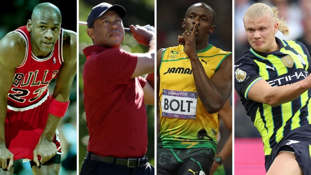 A split picture of Michael Jordan, Tiger Woods, Usain Bolt and Erling Haaland