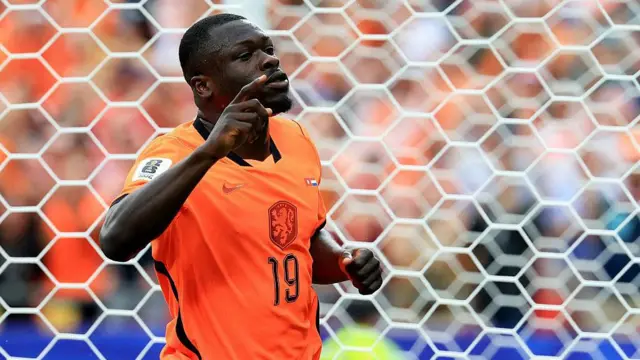 Brian Brobbey of the Netherlands celebrates a World Cup goal