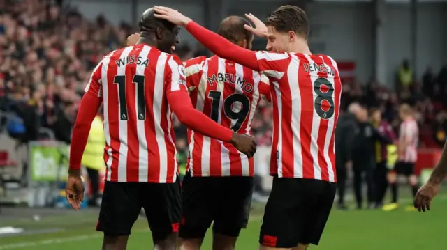 Brentford players celebrate in their 3-0 win against Southampton in February 2023.