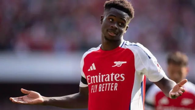 Bukayo Saka of Arsenal celebrates a goal