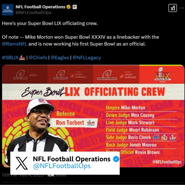 A post on X of the referees for the Super Bowl