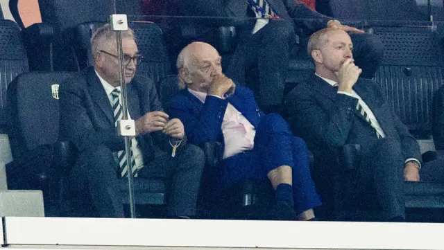 Celtic interim chairman Brian Wilson, majority shareholder Dermot Desmond and chief executive Michael Nicholson during a UEFA Champions League Play-Off Round Second Leg match between LASK and Celtic 