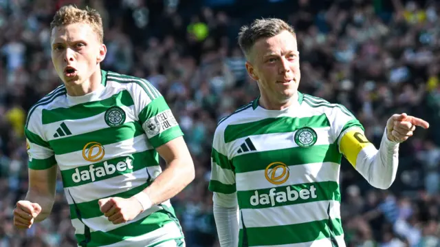 Celtic's Callum McGregor (R) celebrates scoring to make it 1-0 during a Scottish Gas Men’s Scottish Cup Semi-Final match between St. Johnstone and Celtic at Hampden Park