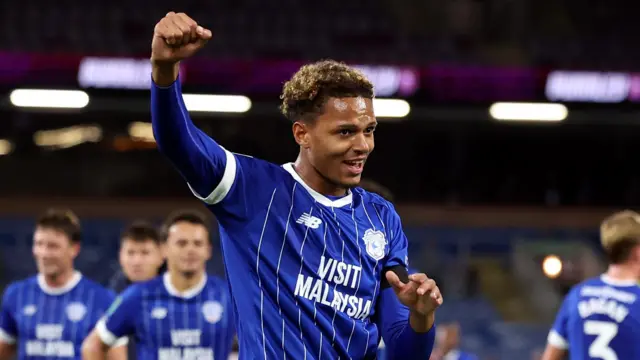 Cardiff City attacker Omari Kellyman celebrates a win at Burnley in the Carabao Cup