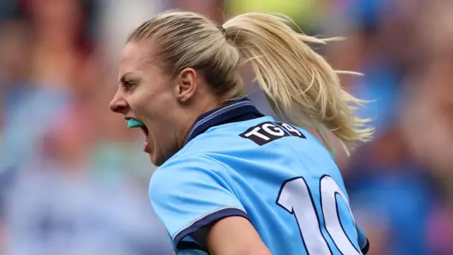 Nicole Owens celebrates her goal for Dublin