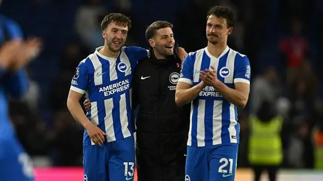 Fabian Huerzeler, Manager of Brighton & Hove Albion, celebrates with Jack Hinshelwood and Olivier Boscagli 