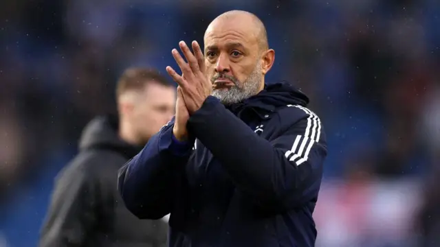 Nuno Espirito Santo, Manager of Nottingham Forest, applauds the fans