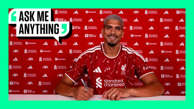 A picture of Ronald Araujo signing his Liverpool contract on BBC Sport's 'Ask Me Anything' branding