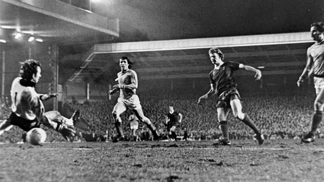 David Fairclough scores for Liverpool at The Kop end against St Etienne