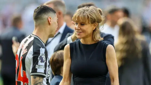 Newcastle United co-owner Amanda Staveley chats with Miguel Almiron after the Premier League match between Newcastle United and Brighton & Hove Albion at St. James Park on May 11, 2024