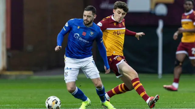 Motherwell's Tom Sparrow and St Johnstone's Drey Wright in action during a William Hill Premiership match between Motherwell and St Johnstone at Fir Park, on November 09, 2024, in Motherwell, 