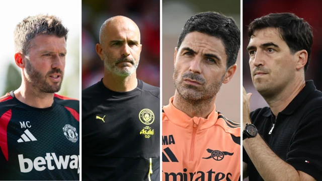 Photos of Michael Carrick, Enzo Maresca, Mikel Arteta and Andoni Iraola next to each other. 