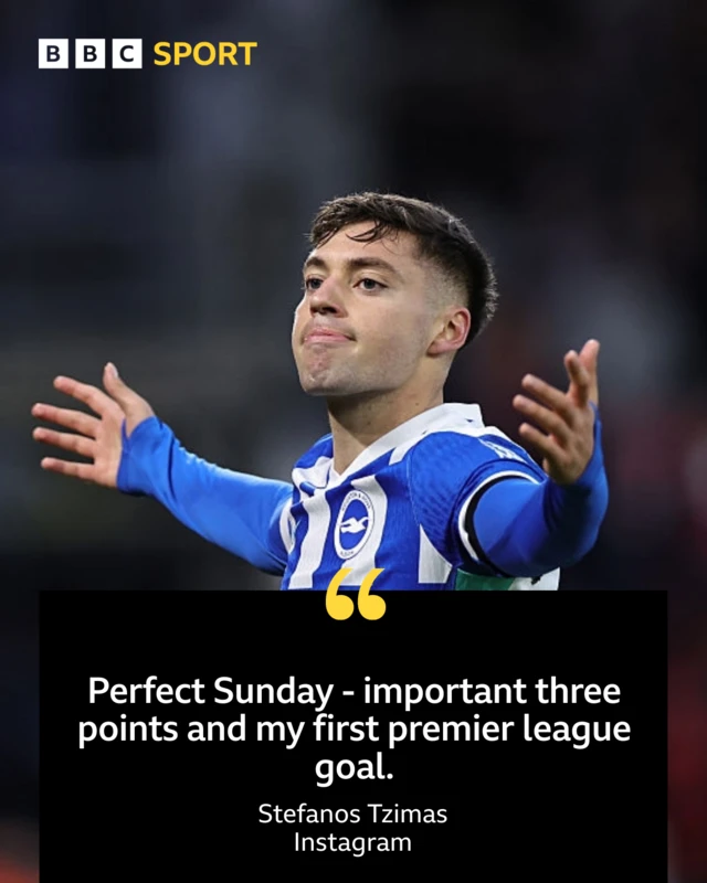Stefanos Tzimas Instagram graphic reading 'Perfect Sunday - important three points and my first Premier League goal'