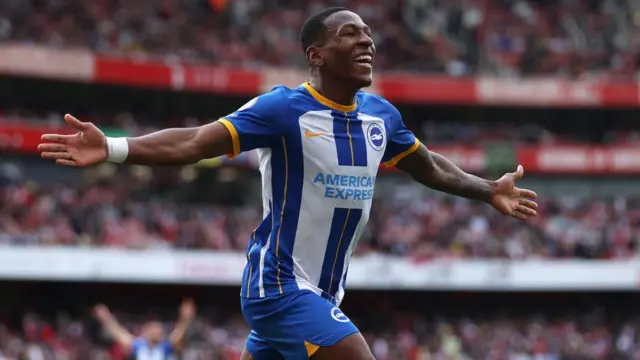 Pervis Estupinan celebrates scoring for Brighton against Arsenal in 2023