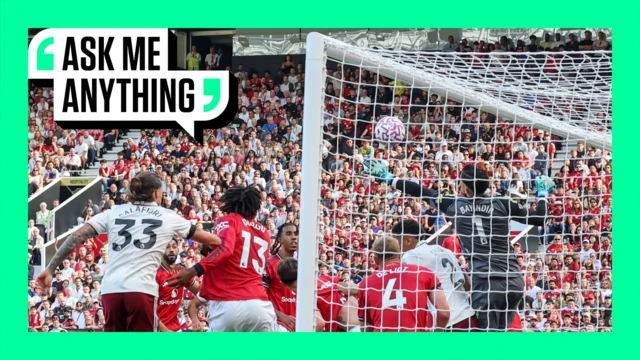 Manchester United goalkeeper Altay Bayindir fails to deal with a corner kick against Arsenal - with 'Ask Me Anything' graphic surrounding image