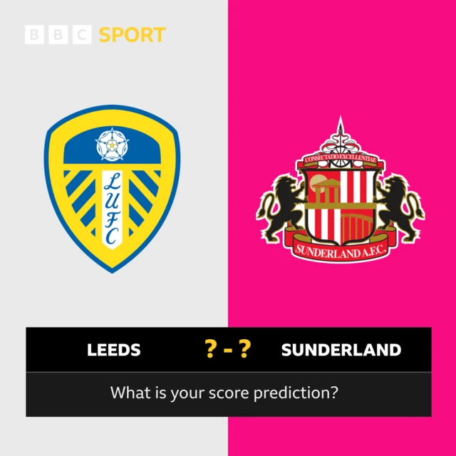 A graphic asking 'what is your score prediction?' with Leeds and Sunderland on opposing sides