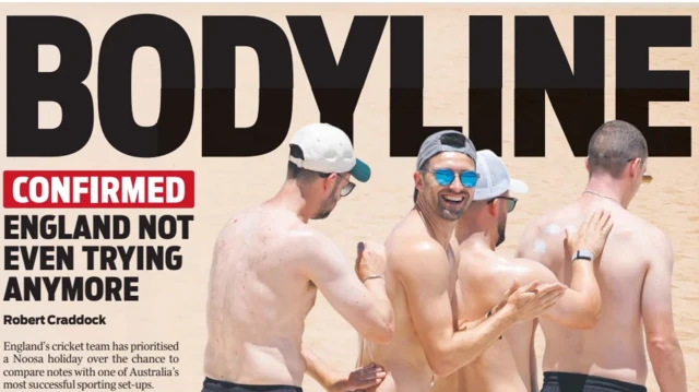 A picture of England cricketers applying suncream to each other's backs underneath the headline 'Bodyline' on the 