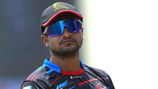 Shakib Al Hasan looks on during Antigua & Barbuda's CPL victory