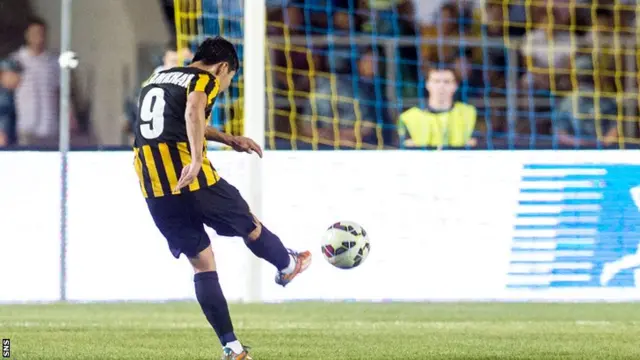 Bauyrzhan Islamkhan fires home Kairat's second goal with a spectacular 30-yard strike