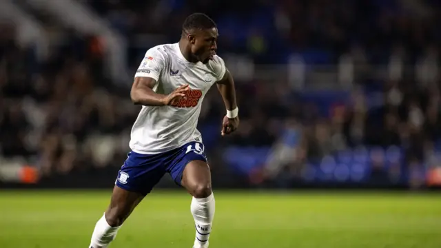 Thierry Small plays for Preston North End in their white home kit against Birmingham City in April