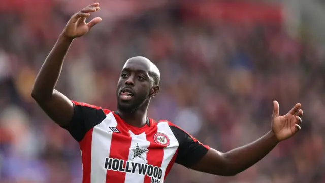 Yoane Wissa of Brentford reacts during the Premier League match between Brentford FC and Ipswich Town FC at Gtech Community Stadium on October 26, 2024 