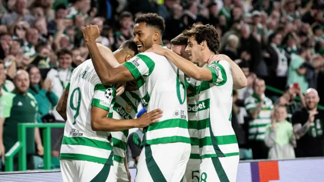 Celtic celebrate after scoring against RB Leipzig