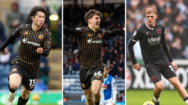 Side-by-side photos of Yu Hirakawa, Lewis Koumas and Toby Collyer playing football
