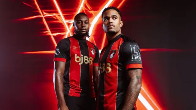 Antione Semenyo and Justin Kluivert modelling the new Bournemouth 2024-25 kit