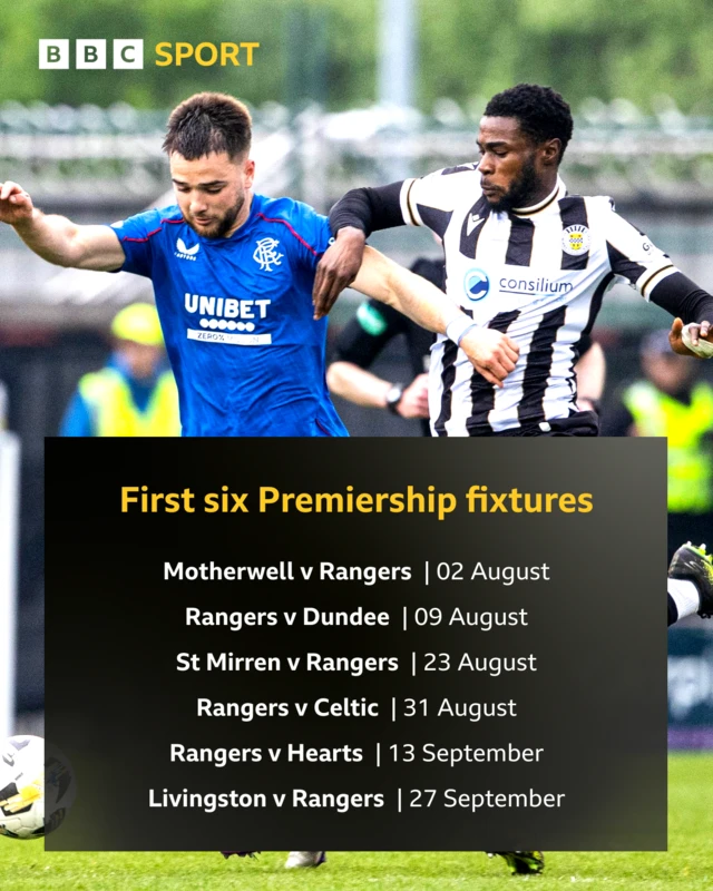 First six Premiership fixtures: Motherwell v Rangers, Rangers v Dundee, St Mirren v Rangers, Rangers v Celtic, Rangers v Hearts, Livingston v Rangers