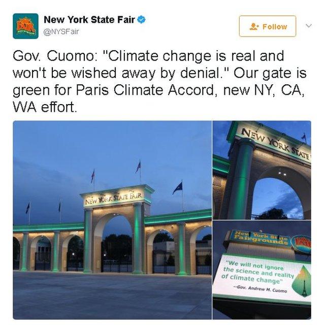 Tweet reads: Gov. Cuomo: "Climate change is real and won't be wished away by denial." Our gate is green for Paris Climate Accord, new NY, CA, WA effort.