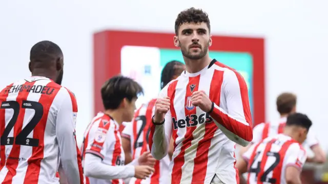 Thomas Cannon of Stoke City celebrates after scoring the team's first goal from the penalty spot during the Sky Bet Championship match between Stoke City FC and Derby County FC at Bet365 Stadium on November 02, 2024