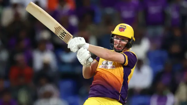 Sharjah Warriorz batter James Rew plays a shot