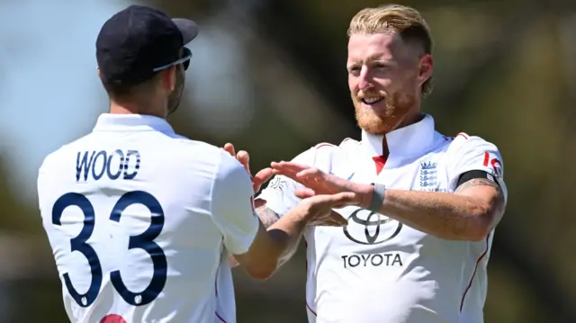 Ben Stokes celebrates with Mark Wood