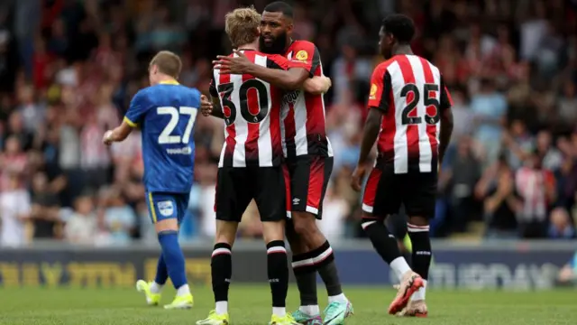 Igor Thiago celebrates after scoring for Brentford against AFC Wimbledon