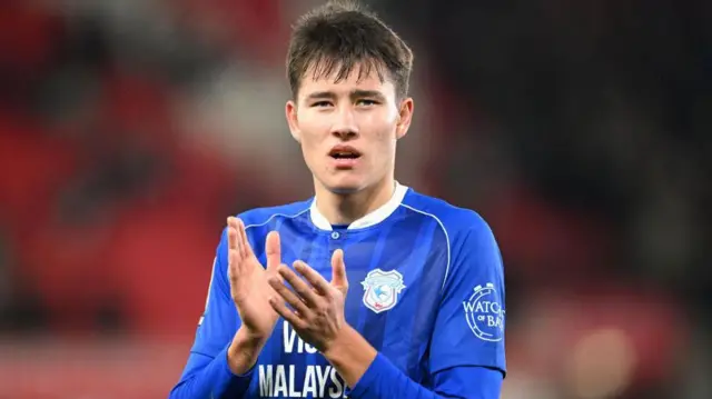 Rubin Colwill applauds Cardiff fans after last November's draw at Stoke