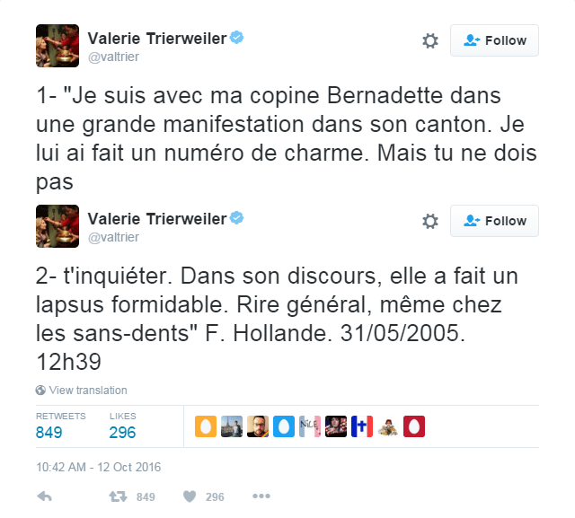 Tweets, in French, from the account @valtrier, detailing the source of the "without teeth" comment